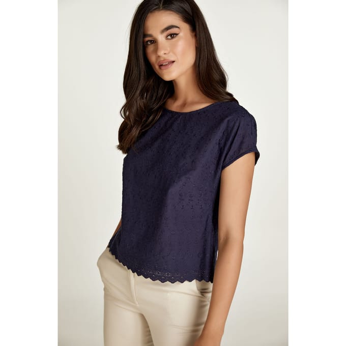 Marine Mouwloze Geborduurde Top