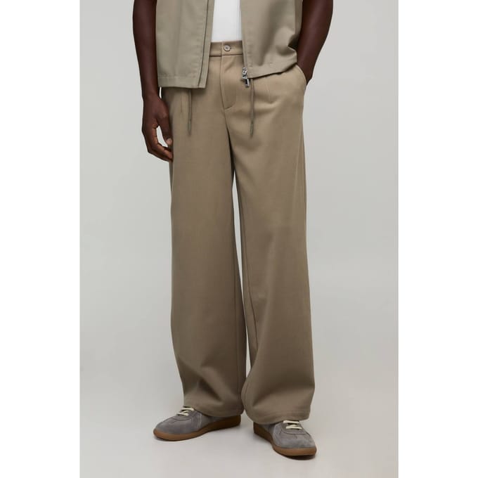 Broek met ontspannen pasvorm, half-en-half tailleband en textuur | Taupe | Size Medium