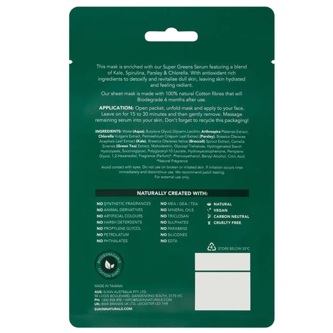 Sukin - Super Greens Detox Biologisch Afbreekbaar Sheetmasker