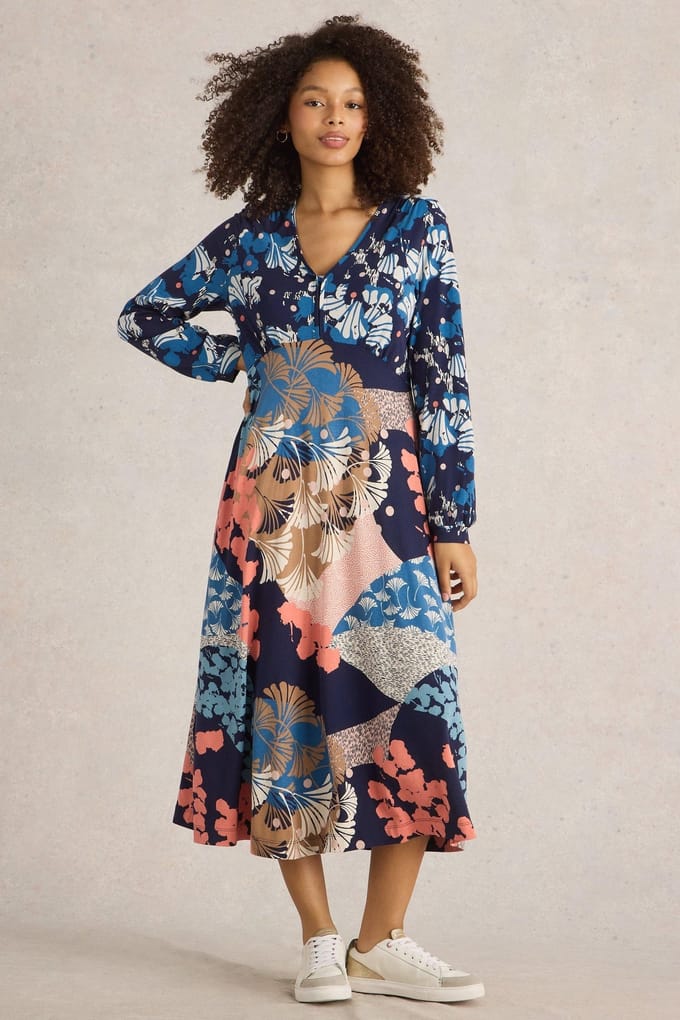 White Stuff Megan Jersey Dress Navy Multi Größe: 8 REGULAR | Midikleider Outlet | Damen | Blau