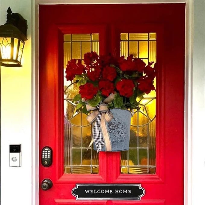 Rode Geranium Vat Krans Voordeur Rode Geranium Mand Krans Zwart-wit Ruit Strik red