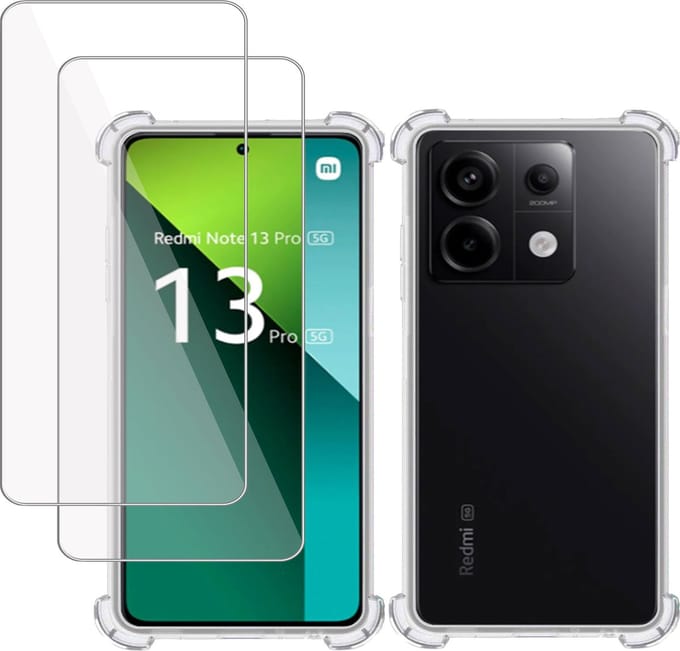 Hoesje + 2x Screenprotector geschikt voor Xiaomi Redmi Note 13 Pro / POCO M6 Pro – Tempered Glass - Extreme Shock Case Transparant