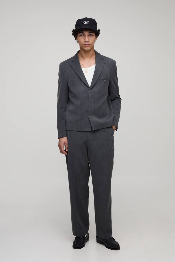 Oversized Boxy Herringbone Suit Blazer | Charcoal | Size Medium