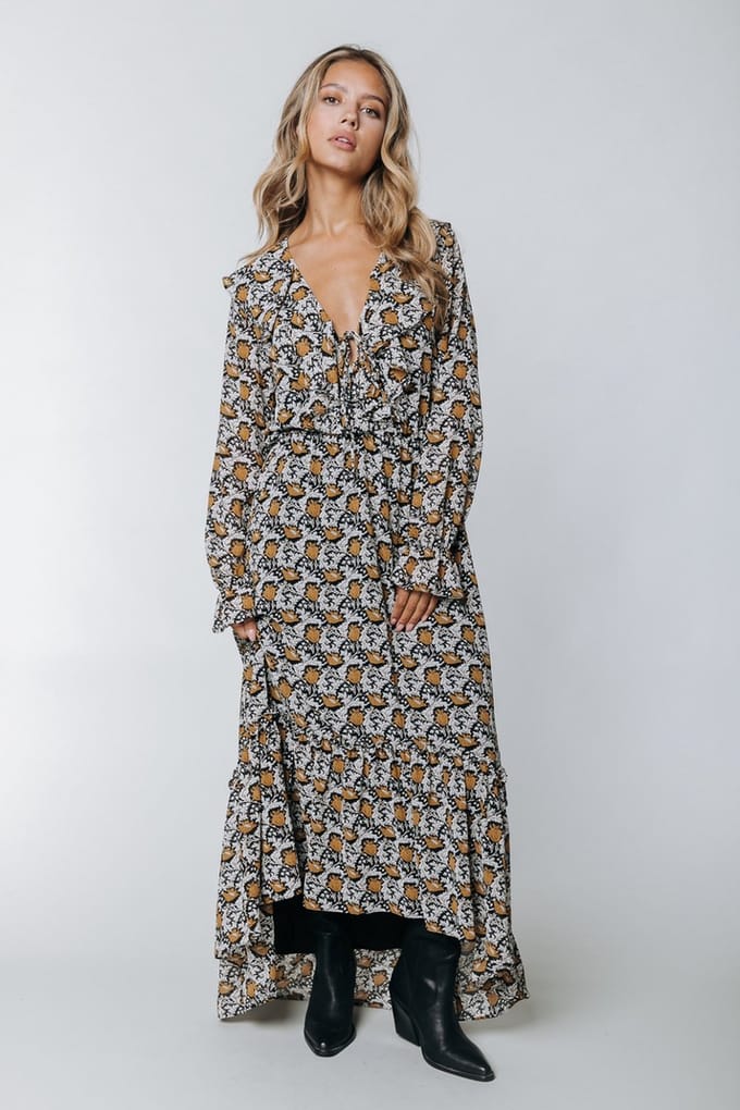 Colourful Rebel Penny Paisley Flower Ruffle Maxi Dress - S