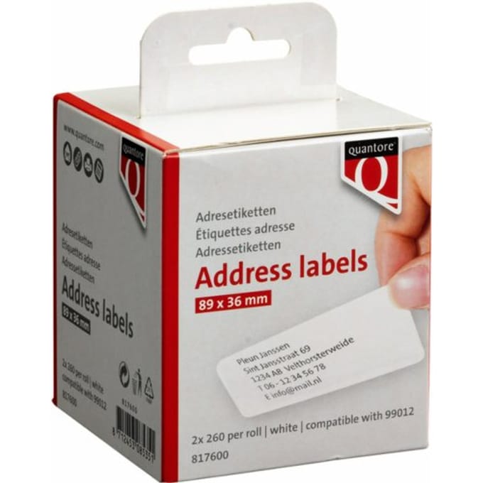 Labeletiket Quantore 99012 36x89mm adres wit 2 rollen