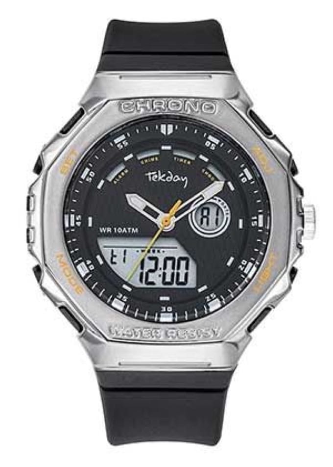 Tekday-Analoog/Digitaal-Alarm-Timer-Chrono-EL-Datum-10ATM-Zwarte silicone band-46MM