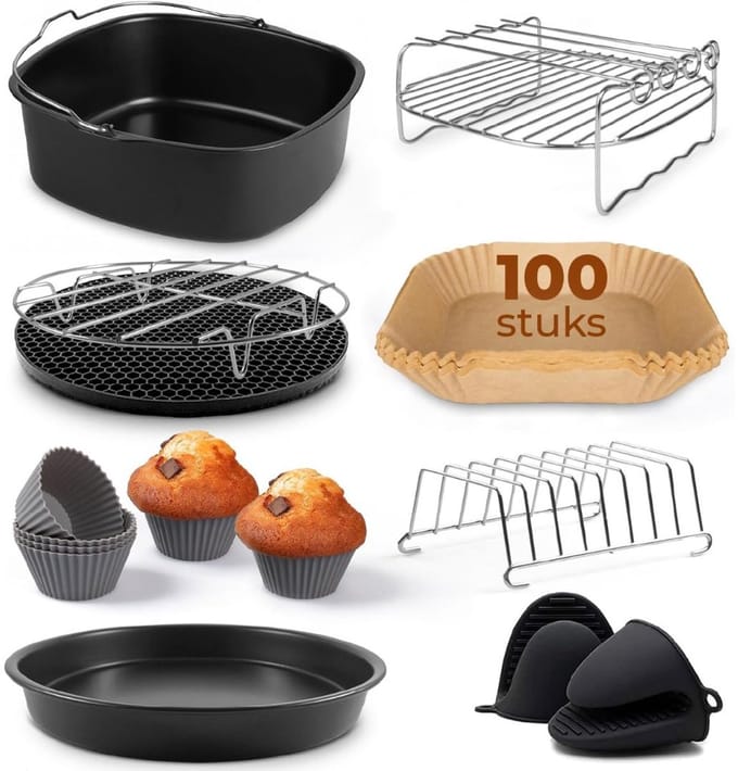 CRLYN® Airfryer Accessoires - Siliconen Bakje - Bakpapier - Zwart en Bruin
