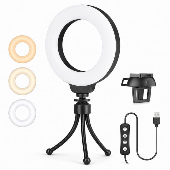 Laptop Ringlamp - Instelbare Kleurtemperatuur - Met Octopusstatief - Zwart