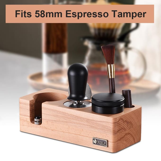 TREELF Station de bourrage à expresso adaptée aux accessoires à expresso de 58mm, boîte en bois de hêtre réglable 54mm marron