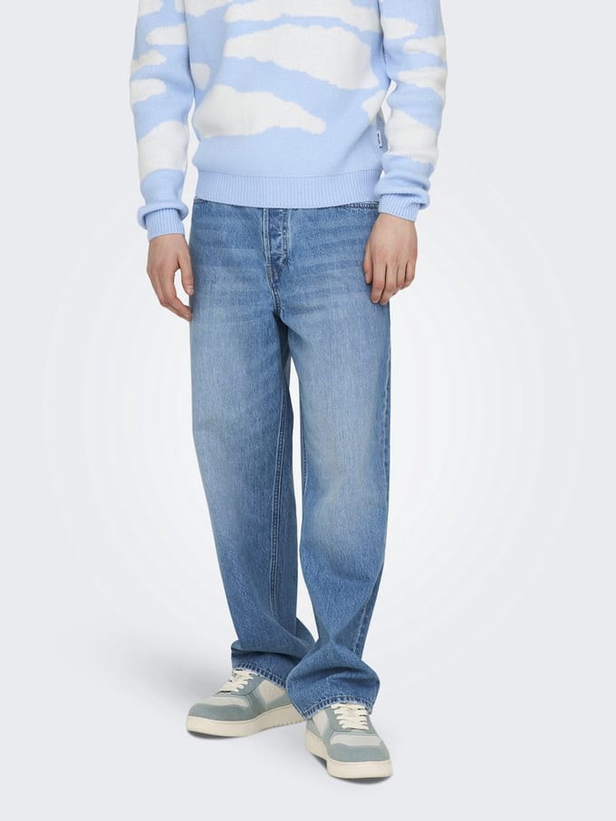Only & Sons blauwe heren jeans   Bleached wash wassing   5-Pocket zakken   Knoopsluiting   Regular waist Blauw 33/34