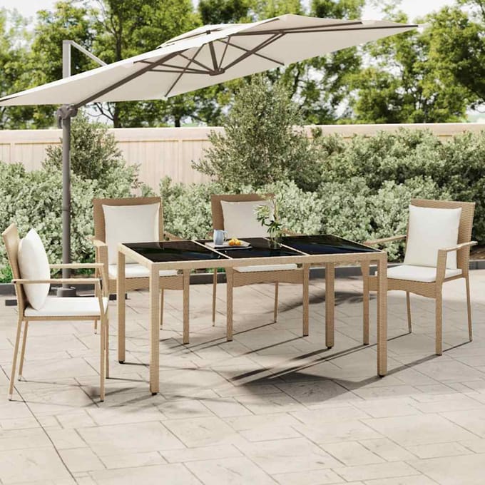 vidaXL - Tuintafel - met - glazen - blad - poly - rattan - en - gehard - glas - beige