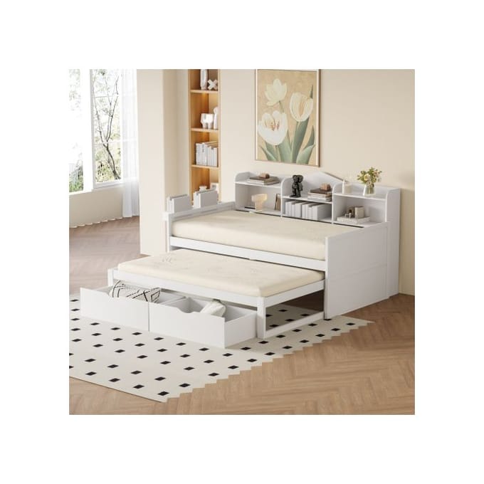 Canapé-lit - MUVOE - 90x200 cm - Blanc - Lit gigogne 90x190 cm - Rangement intégré blanc