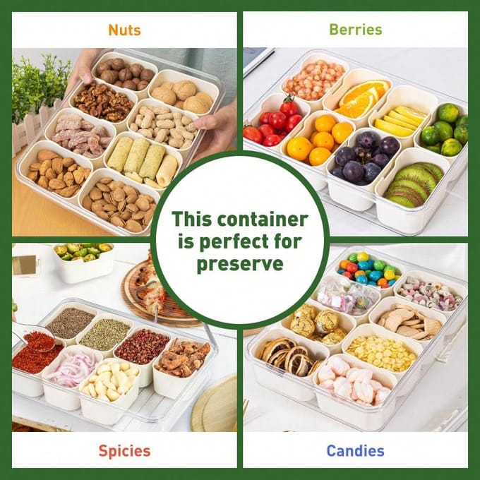 1 Stuks Verdeelde Serveerschaal Met Deksel En Handvat Verdeelde Snackdoos, Draagbare Snackdoos Snackcontainers Eight Grid beige