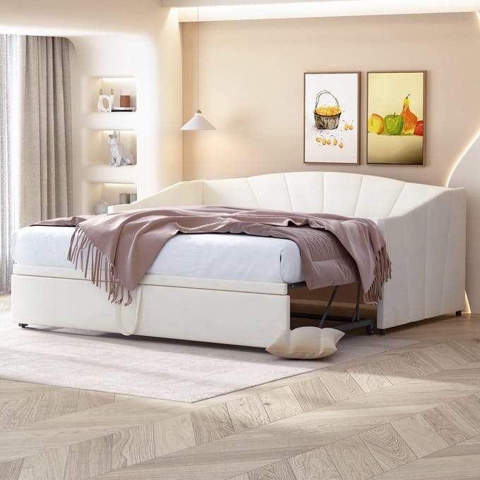 Slaapbank 90/180x200 cm - Uitschuifbaar met Lattenbodem - Fluweel - Beige