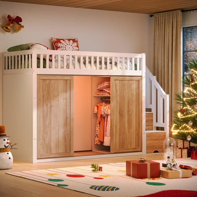 Wishdor Hoogslaper 90x200 cm - Kledingkast & Trapkast - App-LED - Wit & Eiken Hout - Compleet & Slim