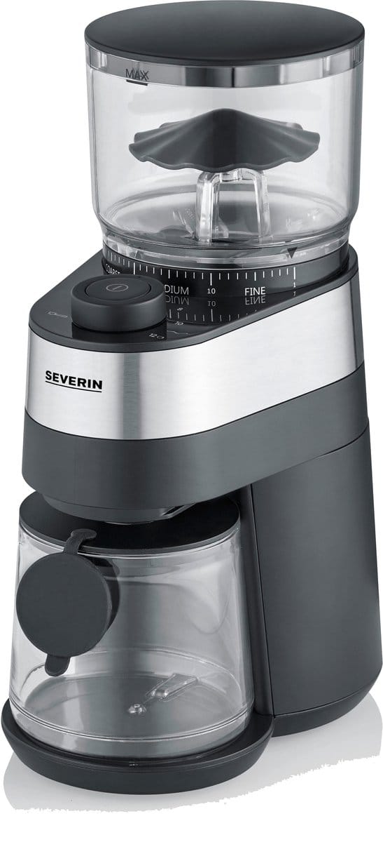 Severin KM 3880 Koffiemolen, ca. 140 W, aromatische biomassaschijfmolen, variabele hoeveelhedendosering voor 2-4-6-8-10 kopjes, maalgraad in 30 stappen, groot transparant bonenreservoir van 240 g, Poederreservoir (130 g) met aromakegel