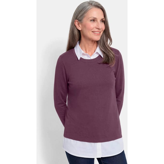 Sweatshirt in 2-in-1-look - bessen / wit - Gr. 54 van Goldner Fashion