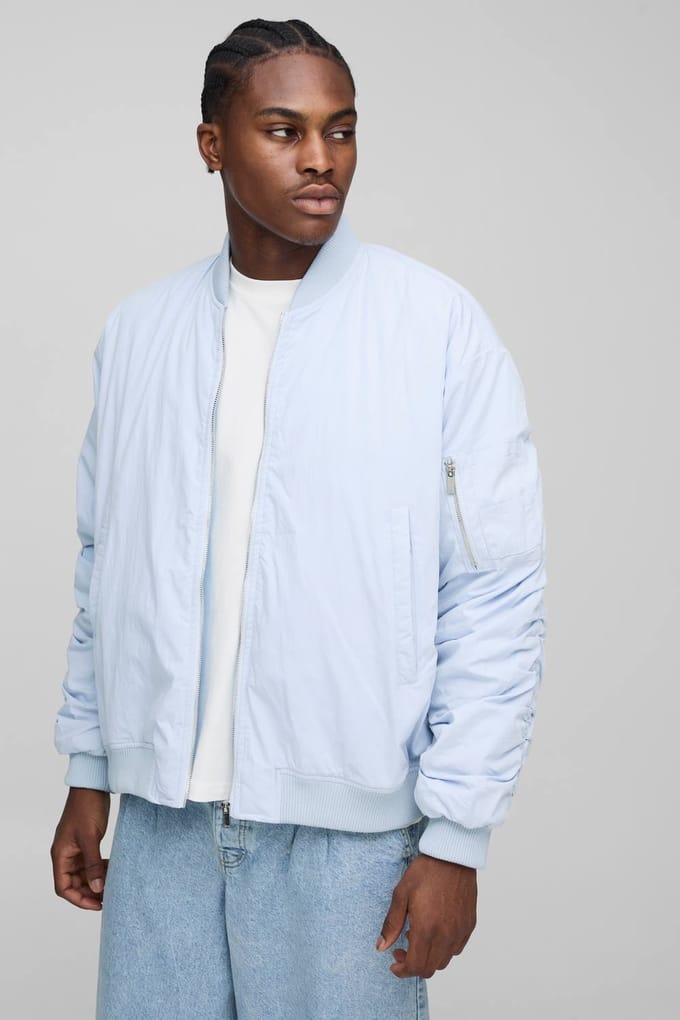 Boxy Fit Peached Geborduurde MA1 Bomber Jacket | Baby Blue | Size Medium