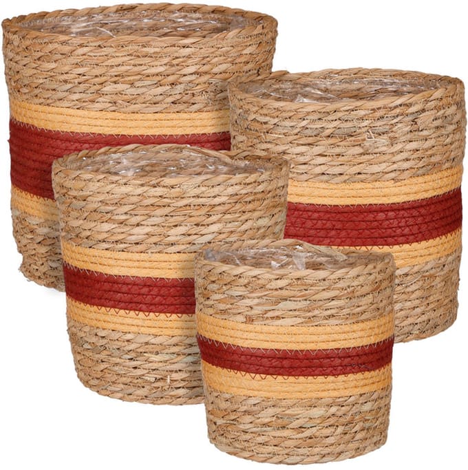 Set van 4 Luxe Zeegras Manden – Handgeweven – Naturel, Zalm & Bordeaux