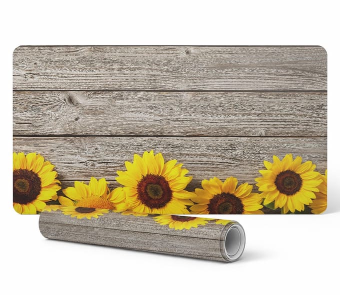 Vinyl bureauonderlegger met zonnebloemprint op houten achtergrond, 90x45 cm