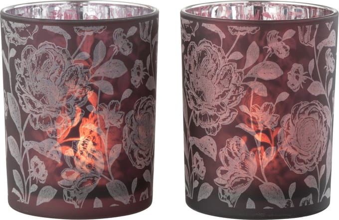 J-Line windlicht Bloemen - glas - paars/zilver - medium - 2 stuks