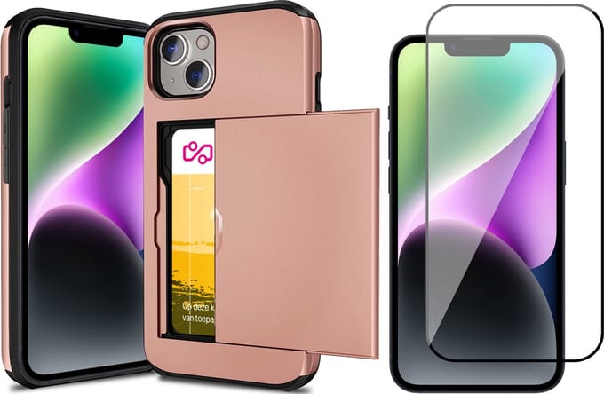 Hoesje met Pasjeshouder geschikt voor iPhone 14 Plus - Screen Protector FullGuard - Back Cover SlideCase Roségoud & Screenprotector
