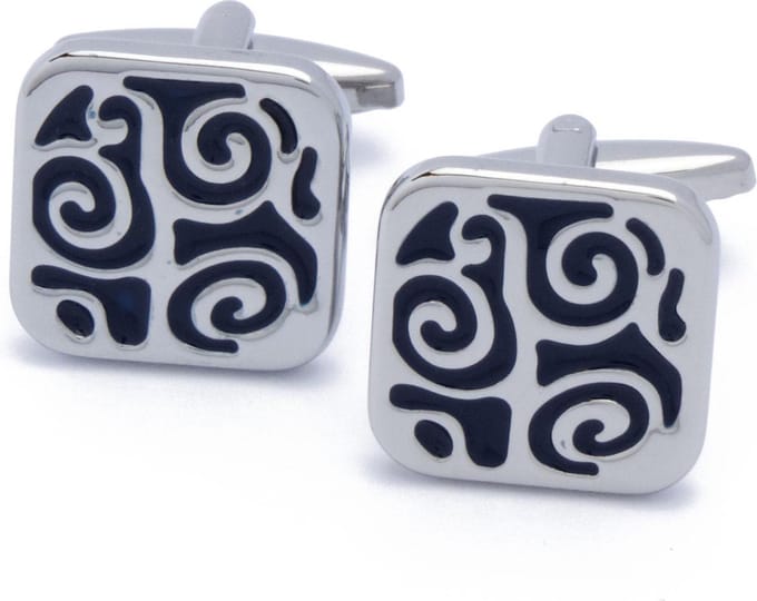 Manchetknopen - Vierkant met Zilver en Blauw Patroon