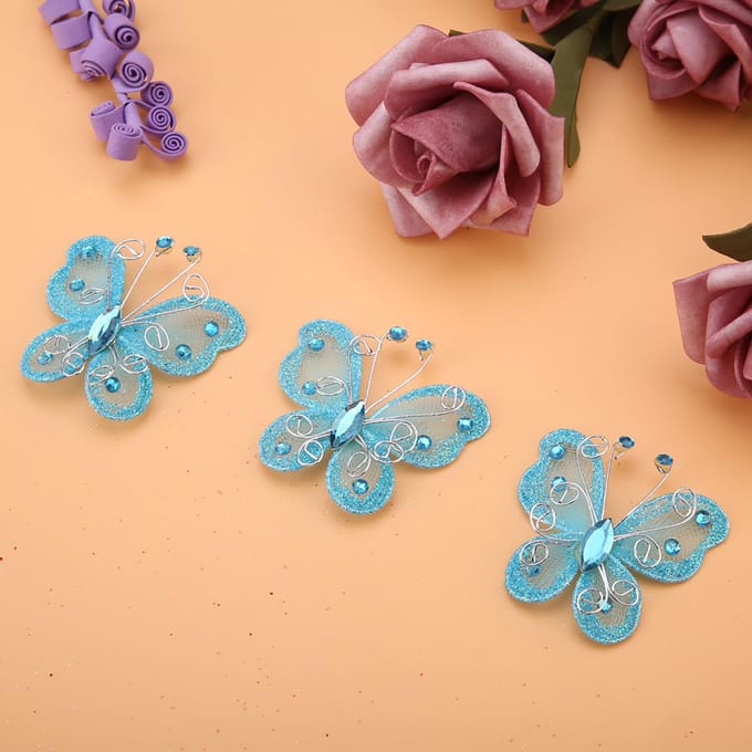 24 stuks Transparant Mesh Draad Glitter Vlinder Bruiloftsfeest Kleding Decoratie DIY Benodigdheden Blauw blauw