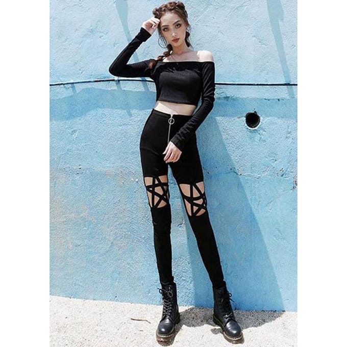 Gothic Punk Broek Dames Ruitjes Patchwork Chic Pentagram Holle Elastische Band Legging Dames Skinny Stretch Kokerbroek M gray