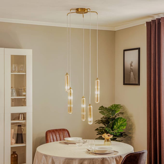 Lucande - hanglamp - 5lichts - Glas, metaal - G9 - amber, messing