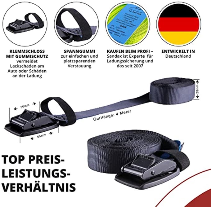 Spanbanden met klemsluiting en gespbescherming van rubber - Set van 2, 4m, 540kg belastbaar