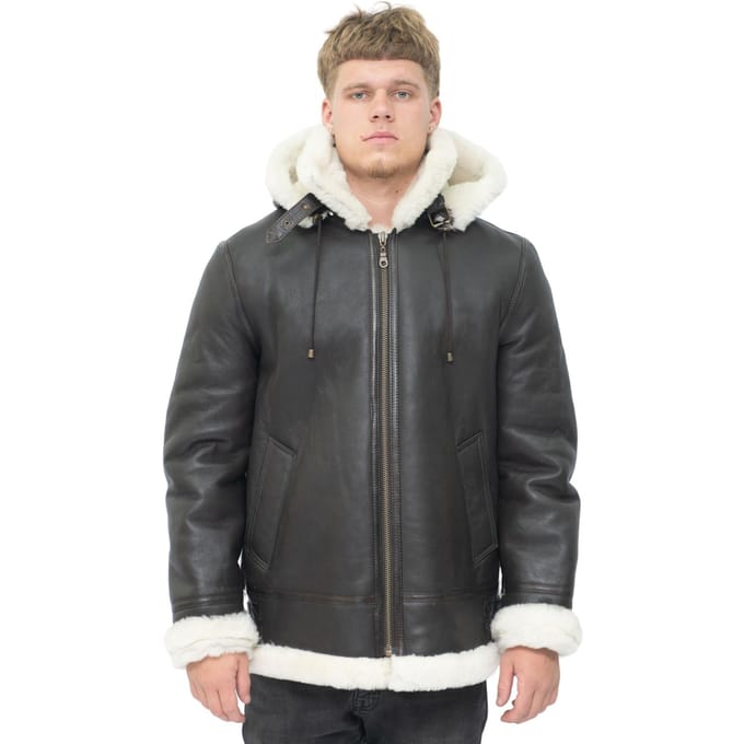 Heren schapenvachtleer B3 Flying Jacket-Columbus met capuchon