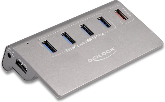 Delock 64182 64182 USB-hub 4 + 1 poorten USB-A, DC-aansluiting 3,5 mm USB 3.2 Gen2 10 GBit/s Grijs