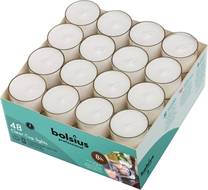 Bolsius Professional Waxinelichtjes / Clear cups lights - 48 Stuks - Wit - 8 branduren