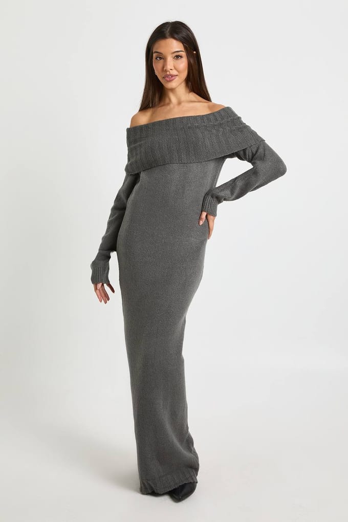 boohoo Dames Premium Oversized Bardot Halslijn Maxi Jumper Jurk | Houtskool | Maat: Medium