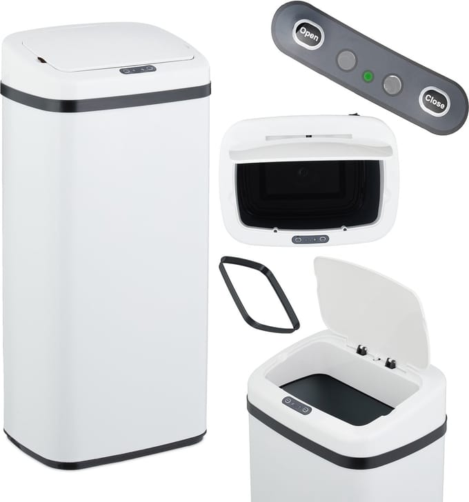 prullenbak met sensor - 40 liter - vuilniszakhouder - staal - wit
