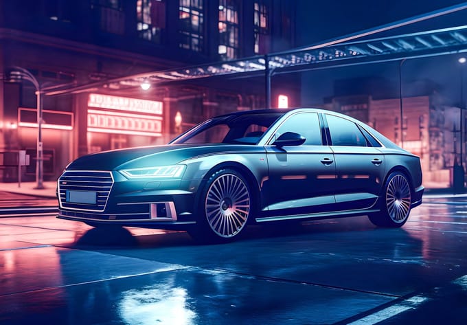 Fotobehang - Auto -Stad - Audi - Luxe Auto - Neon - Vliesbehang - 312x219cm (lxb)