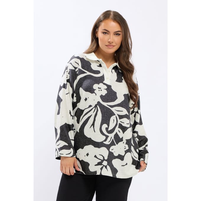 Yours Wit & Grijs Bloemen Rugby Kraag Top Size 48