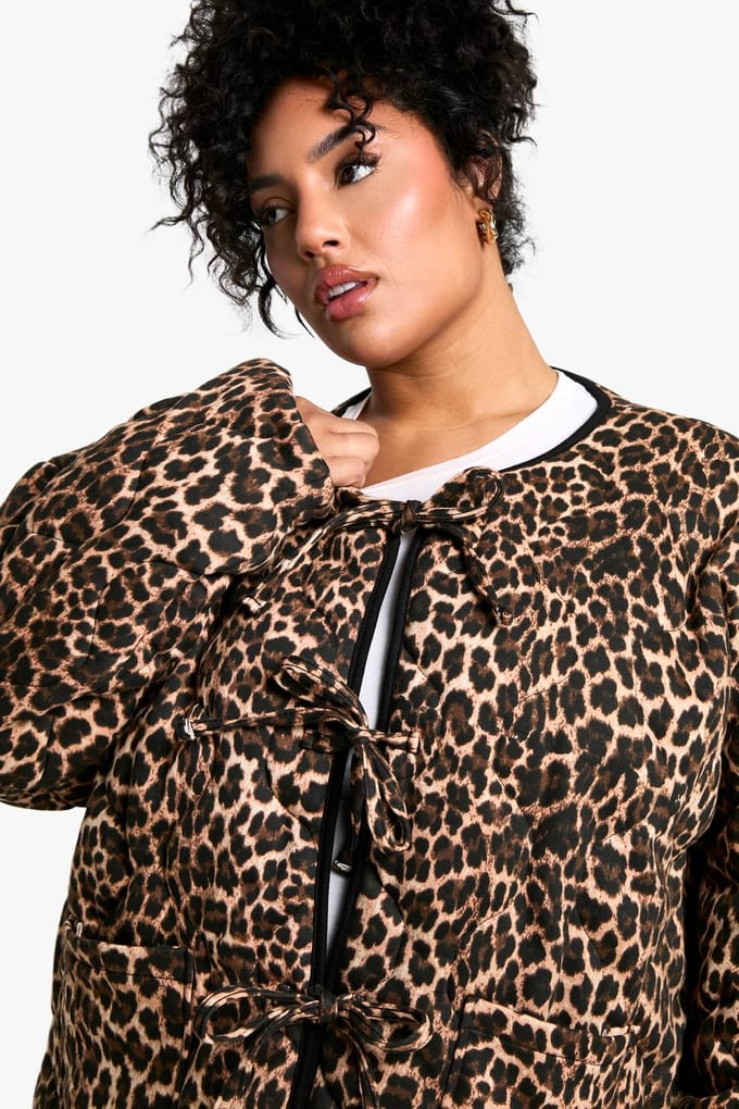 boohoo Dames Plus Luipaard Tie Detail Gewatteerde Jas | Brown | Maat: 22