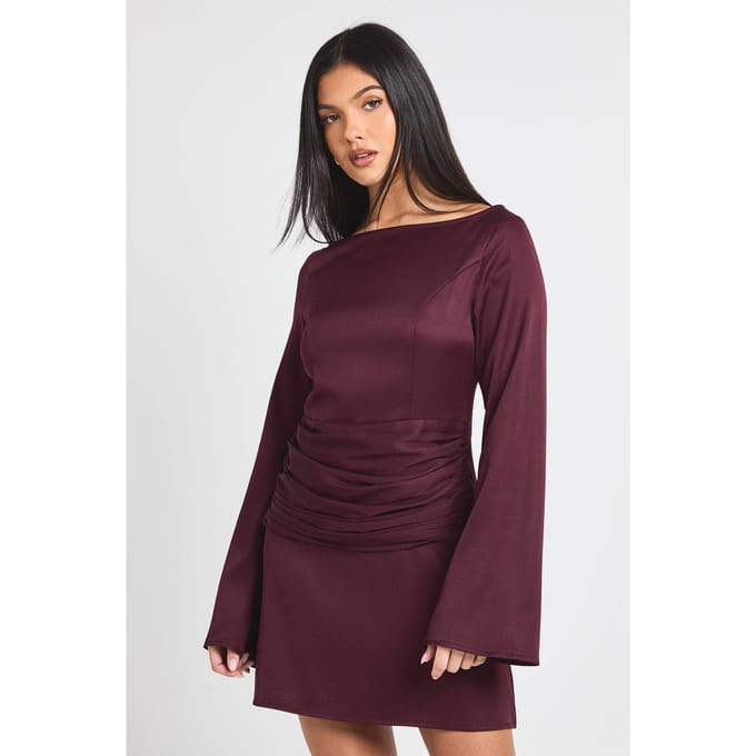 boohoo Dames Satijnen Wikkel Taille Lange Mouw Mini Jurk | Fig | Maat: 10