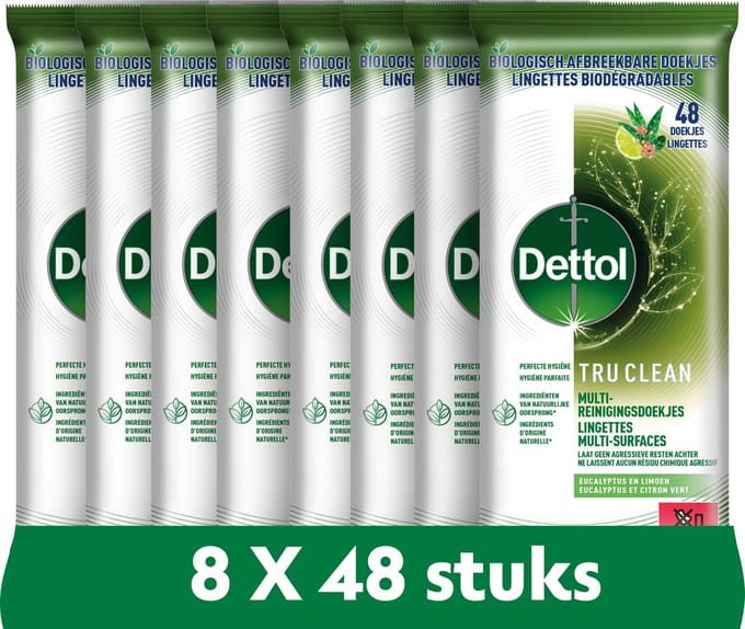 Dettol Lingettes Biodégradable Tru Clean Eucalyptus & Lime - 48 - 8 Stuks - Voordeelverpakking