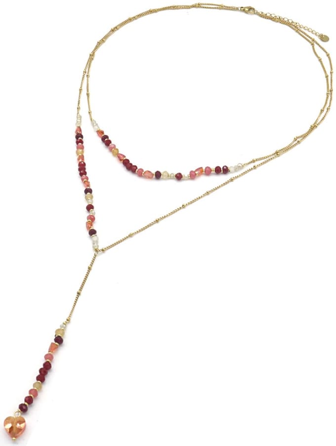 Ketting met Steentjes - RVS - Lengte 39-44 cm - Goudkleurig en Rood