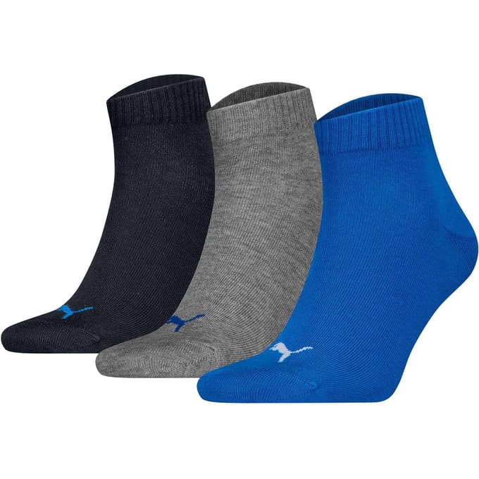 Puma Unisex Quarter Plain (3-pack) - unisex hoge enkelsokken - blauw - kobalt - grijs melange