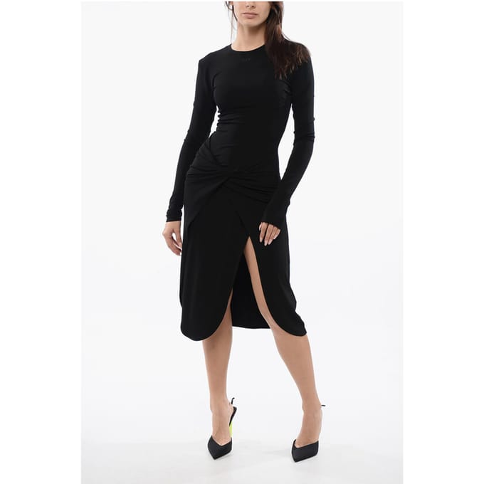 Crepe Viscose TWIST Wikkel Midi Jurk in Zwart