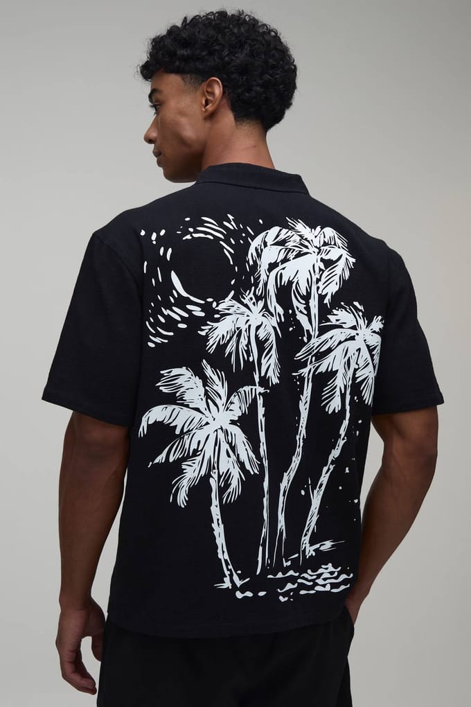 Oversized Korte Mouw Shirt Met Contrasterende Palmbomenprint | Black | Size Medium