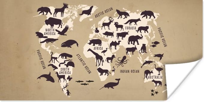 Wereldkaarten - Wereldkaart - Dieren - Schaduw - 160x80 cm