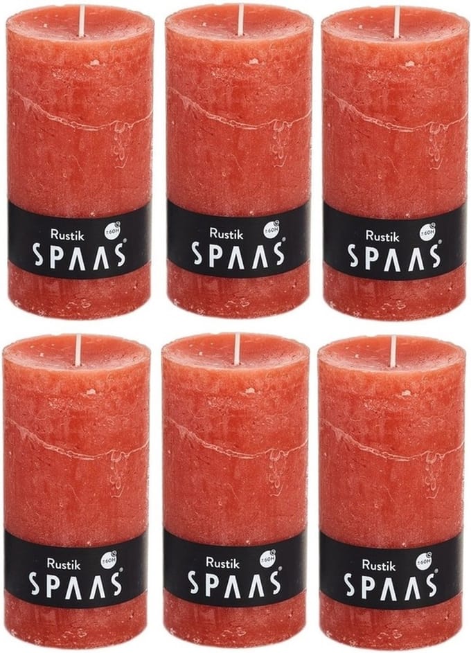Spaas rustieke cilinderkaars/stompkaars - 6x - oranje - 7 x 13 cm - 60 branduren