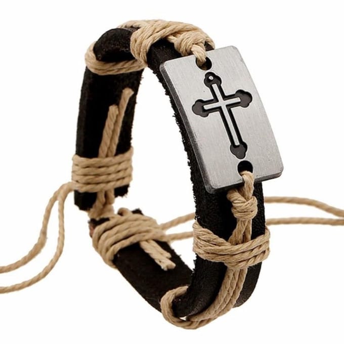 Fako Bijoux® - Leren Armband - Leder - Kruis - Wit