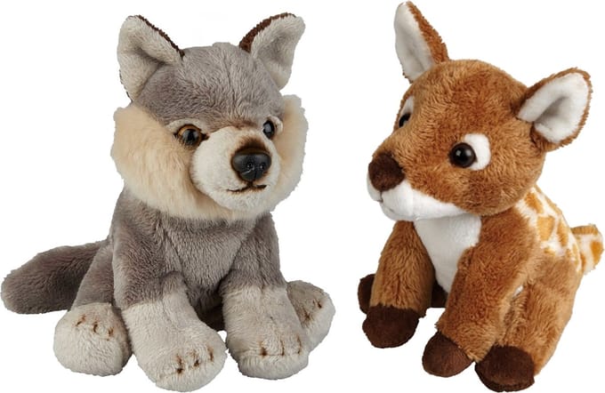 Ravensden - Bosdieren pluche knuffels - 2x stuks - Hertje en Wolf - 15 cm