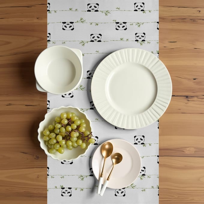 ABAKUHUS Panda Tafelloper – Polyester – 40x180 cm – Antraciet/Grijs/Wit